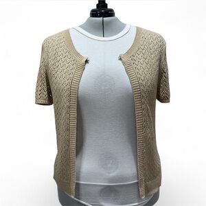 Vintage White Stag Tan Open-Knit Cropped Cardigan Sweater Plus Size Grandmacore